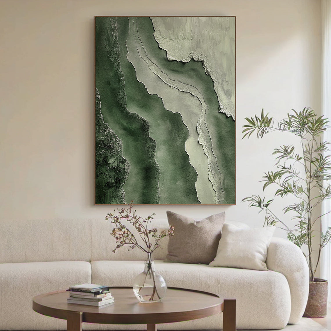 Abstract Textural Wall Art – Forest Green & Stone Layers – AURA041(Vertical)