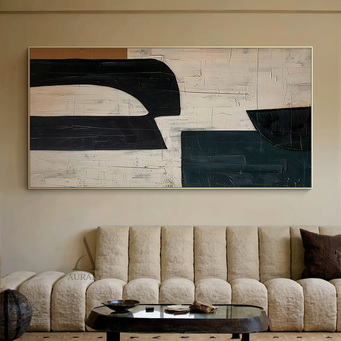 Black Curved Forms on Beige Abstract Wall Art with Deep Teal - AURA840