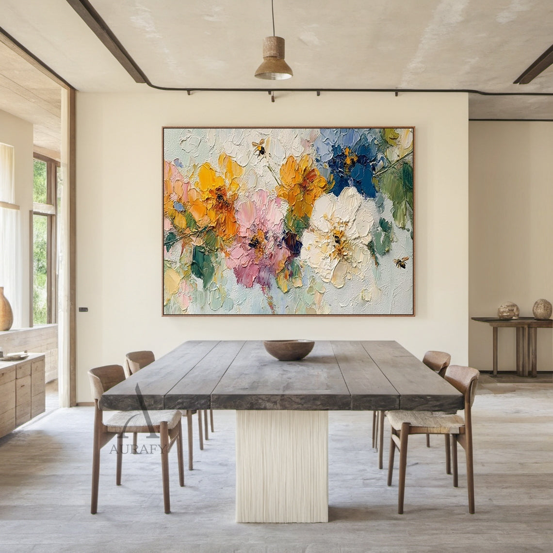 3D Impasto Textured Painting Colorful Floral Bouquet with Bees Tactile Surface Artwork AURA447