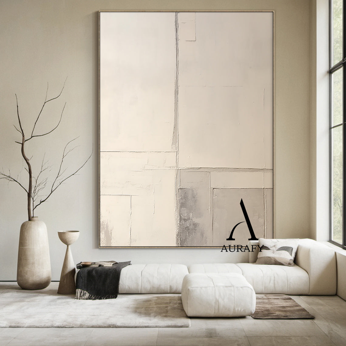 Minimalist Wall Art Beige Plaster Textured Japandi Style Tactile Surface Geometric Block Artwork AURA550