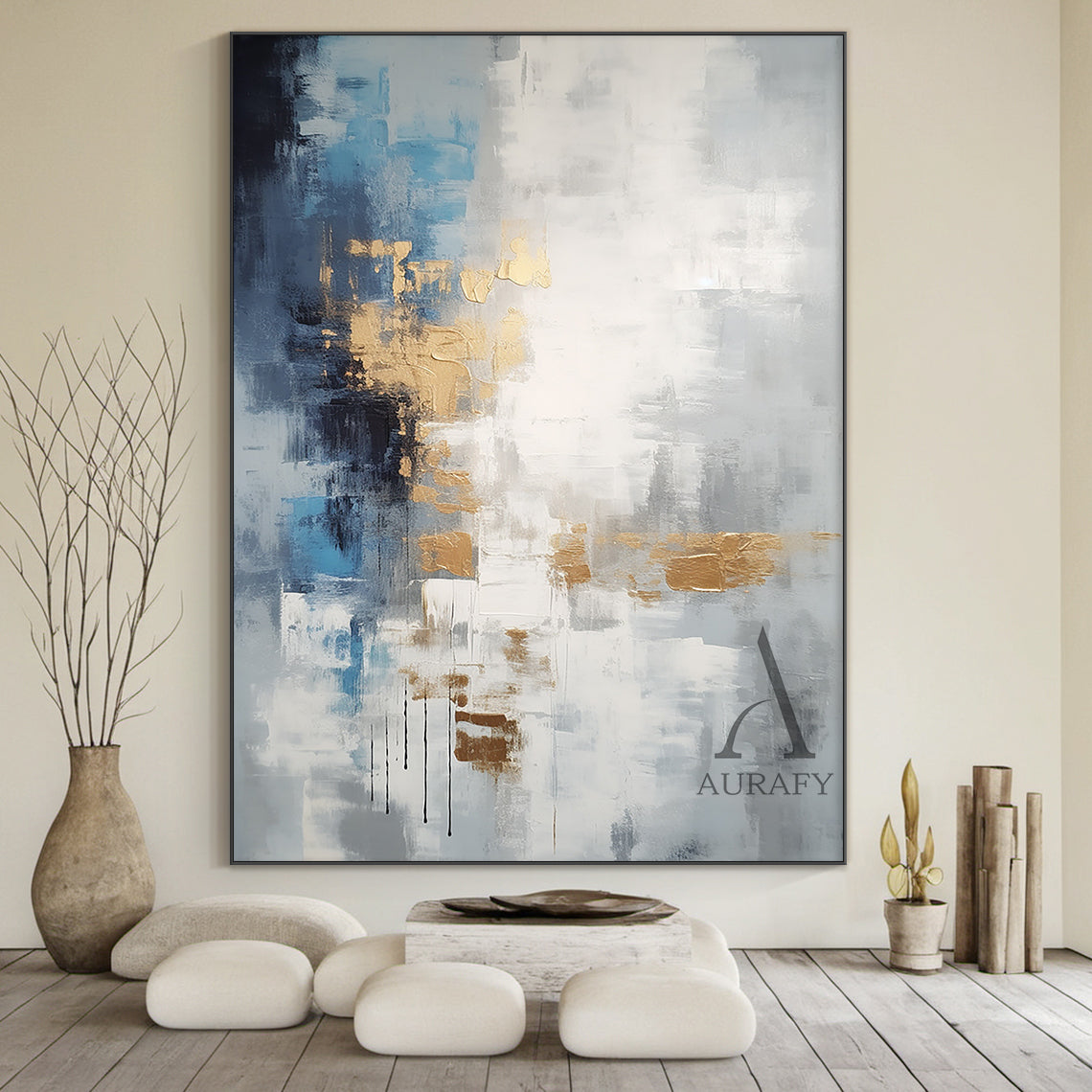 Abstract Wall Art Minimalist Luxe with High Relief Gold Tactile Surface Knife Strokes Black Drips AURA487