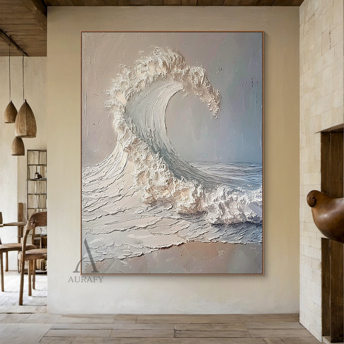 Textured White Curling Wave Wall Art - AURA678