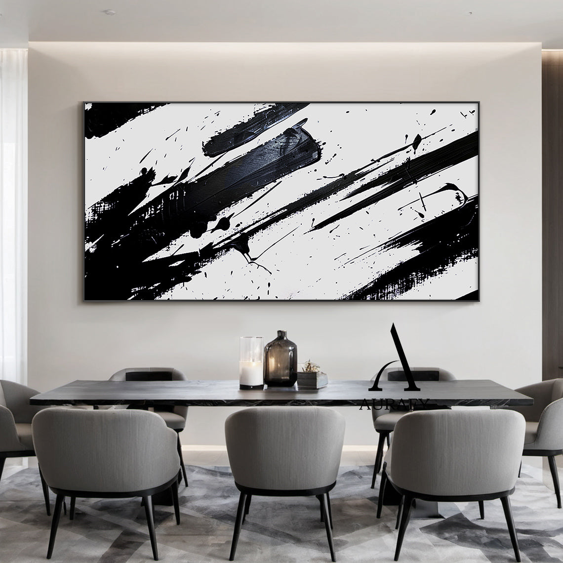 Minimalist Wall Art Black White Abstract Brushstroke Ink Splatter Dynamic Tactile Art AURA551