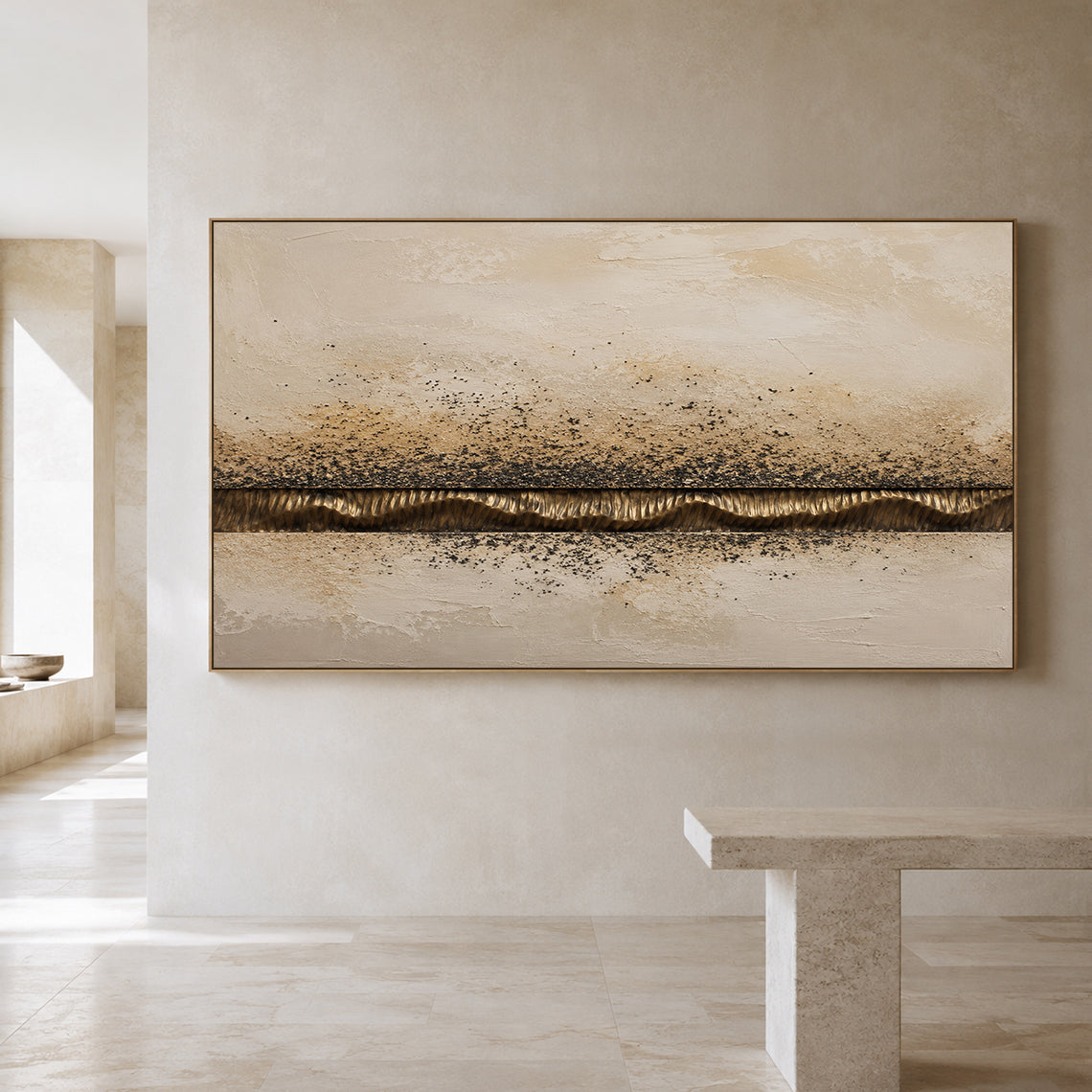 Wabi-Sabi Plaster Textured Painting Japandi Neutral Beige Brown Abstract Sculpted Canvas Gold Accent Tactile Wall Art AURA765