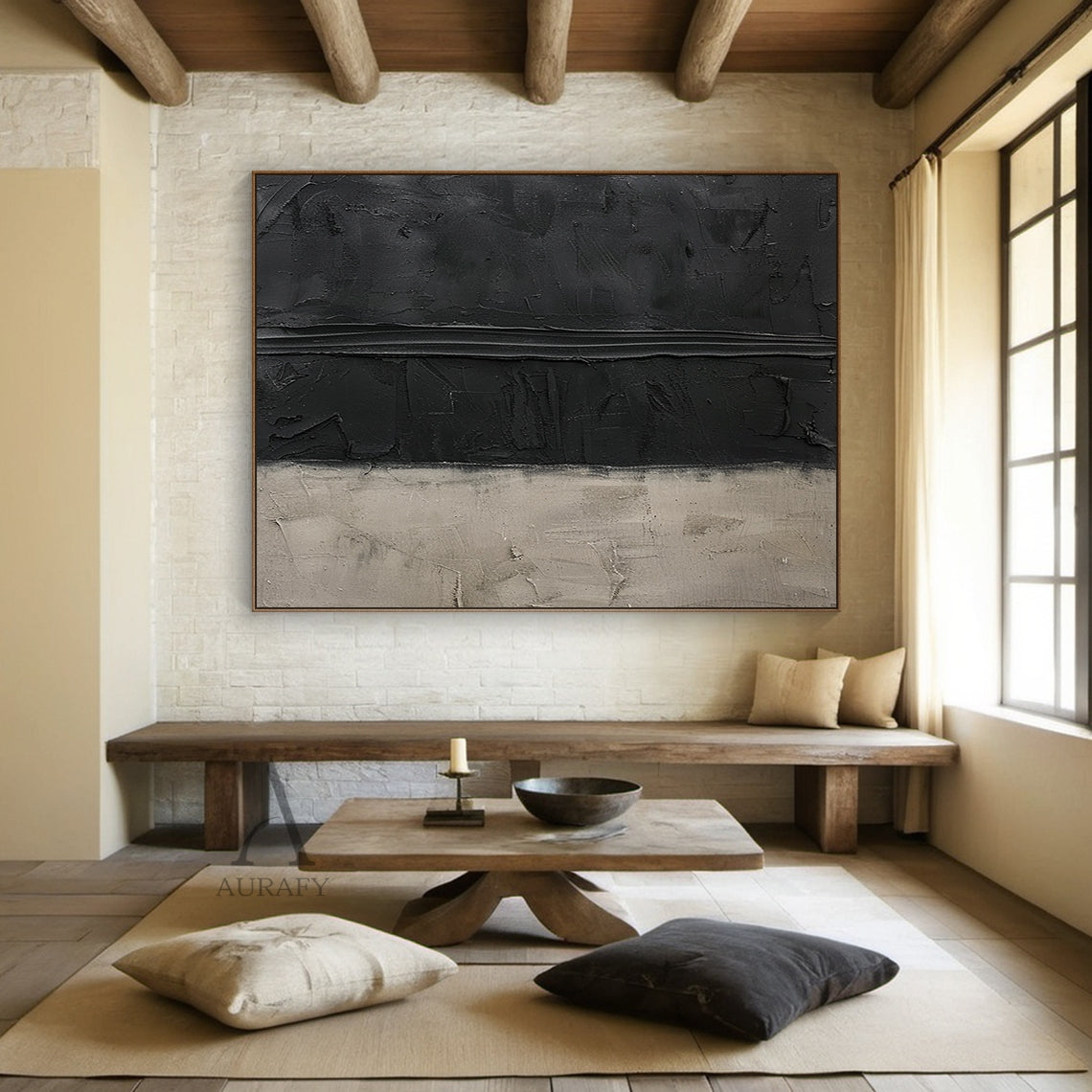 Wabi Sabi Plaster Textured Japandi Abstract Black Beige Knife Stroke Tactile Sculpted Canvas Artwork AURA797