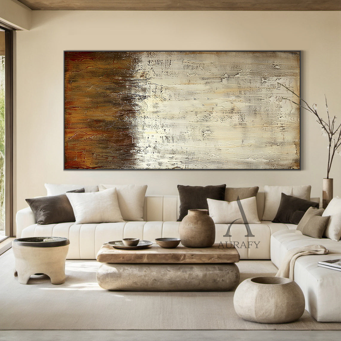 Beige Abstract Art with Tactile Plaster Texture Vertical Drips Weathered Patina Modern Organic AURA505