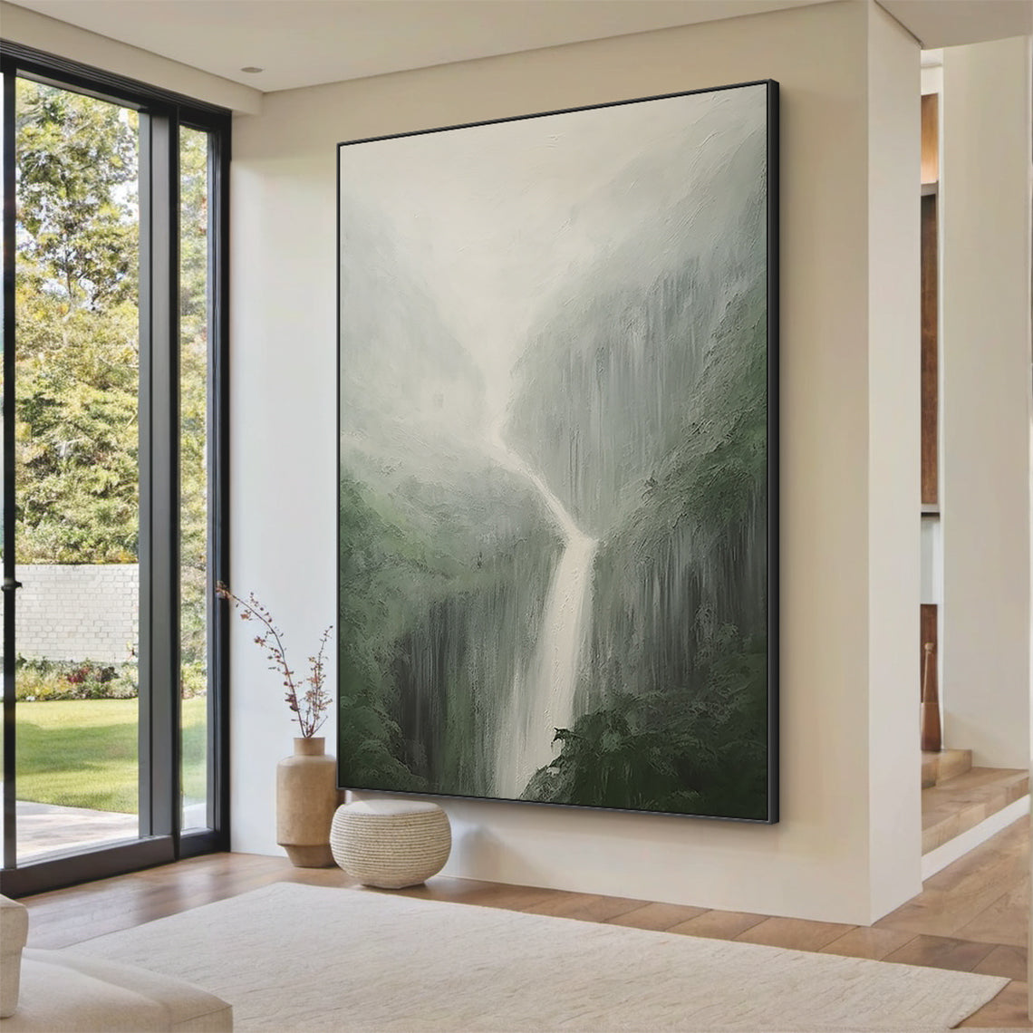 Minimalist Landscape Wall Art – Misty Waterfall & Forest Green – AURA040(Vertical)
