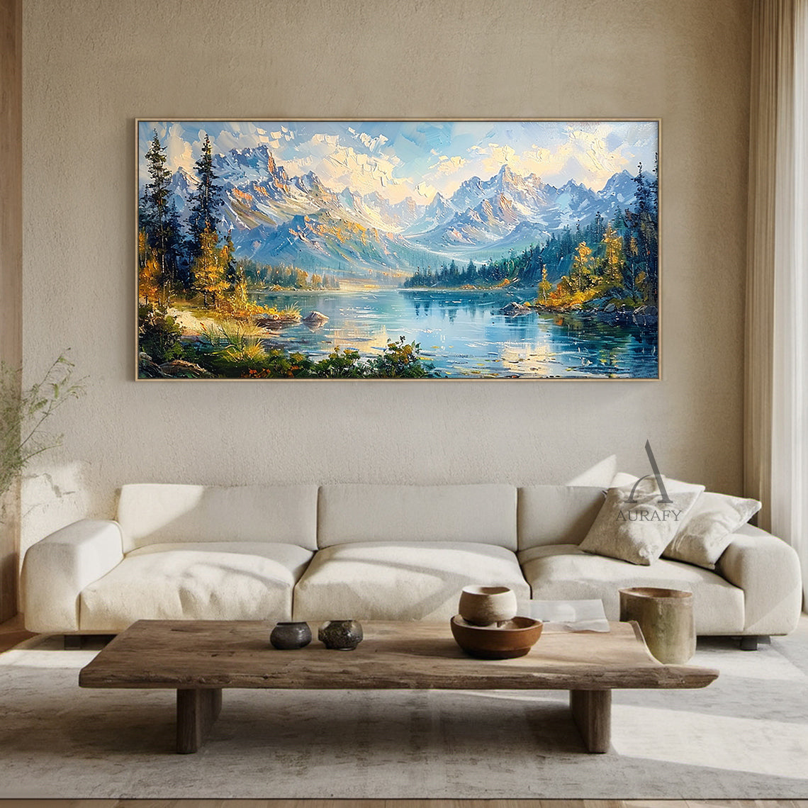 Blue Landscape Oil Painting with Knife Strokes Mountain Lake Snow-Capped Peaks Reflective Water AURA422