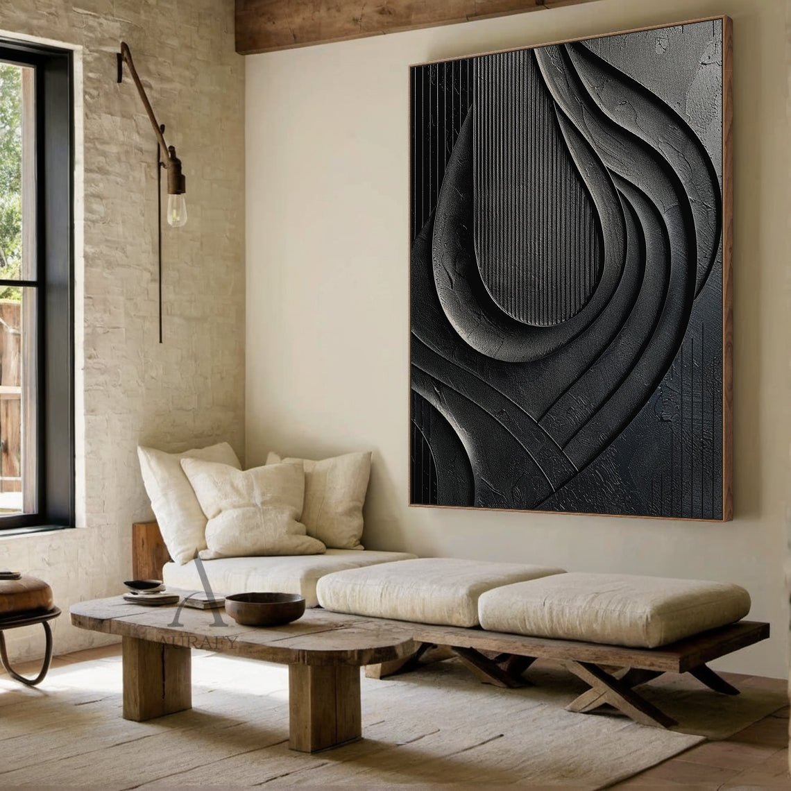 Minimalist Black Wall Art Sculpted High-Relief Tactile Matte Ribbed Modern Organic Design AURA424