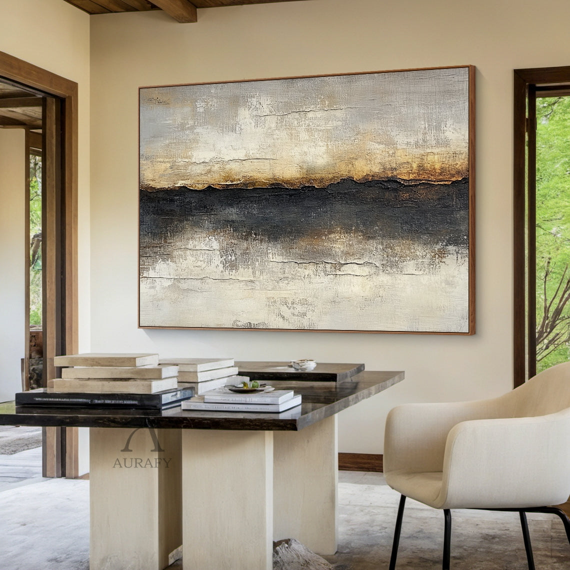 Beige and Black Abstract Ridge Wall Art with Ochre Accents - AURA823