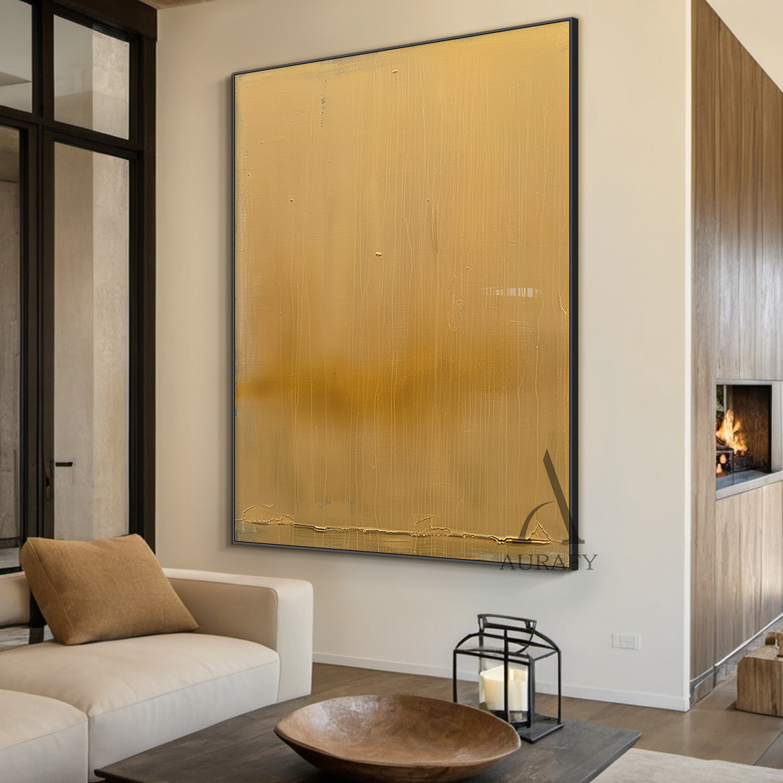 Yellow Abstract Art Tactile Surface Vertical Brushstrokes Crackled Edge Minimalist Luxe Original Canvas AURA480