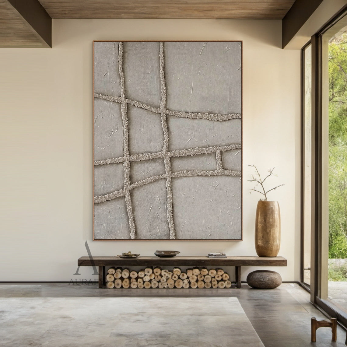 3D Textured Plaster Painting Japandi Wabi-Sabi Beige Minimalist Luxe Geometric Tactile Sculpted Canvas Art AURA788