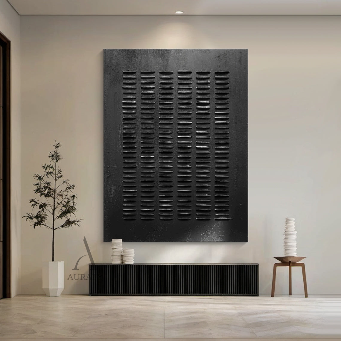 Black Minimalist Abstract Art Embossed Lines Tactile Subtle Worn Surface Monochromatic Piece AURA602
