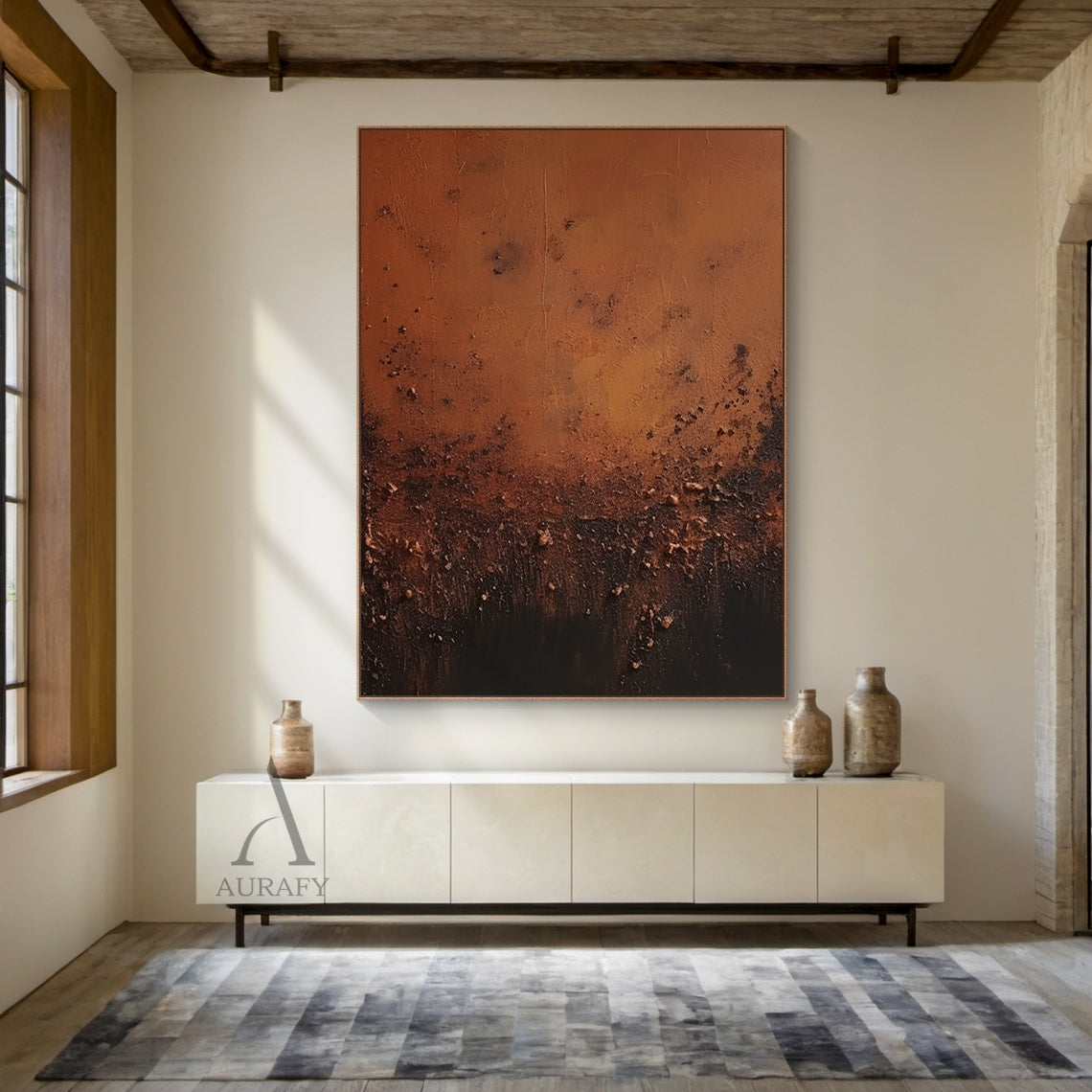 Plaster Textured Burnt Orange Brown Abstract Japandi Organic Tactile Sculpted Wall Art AURA789