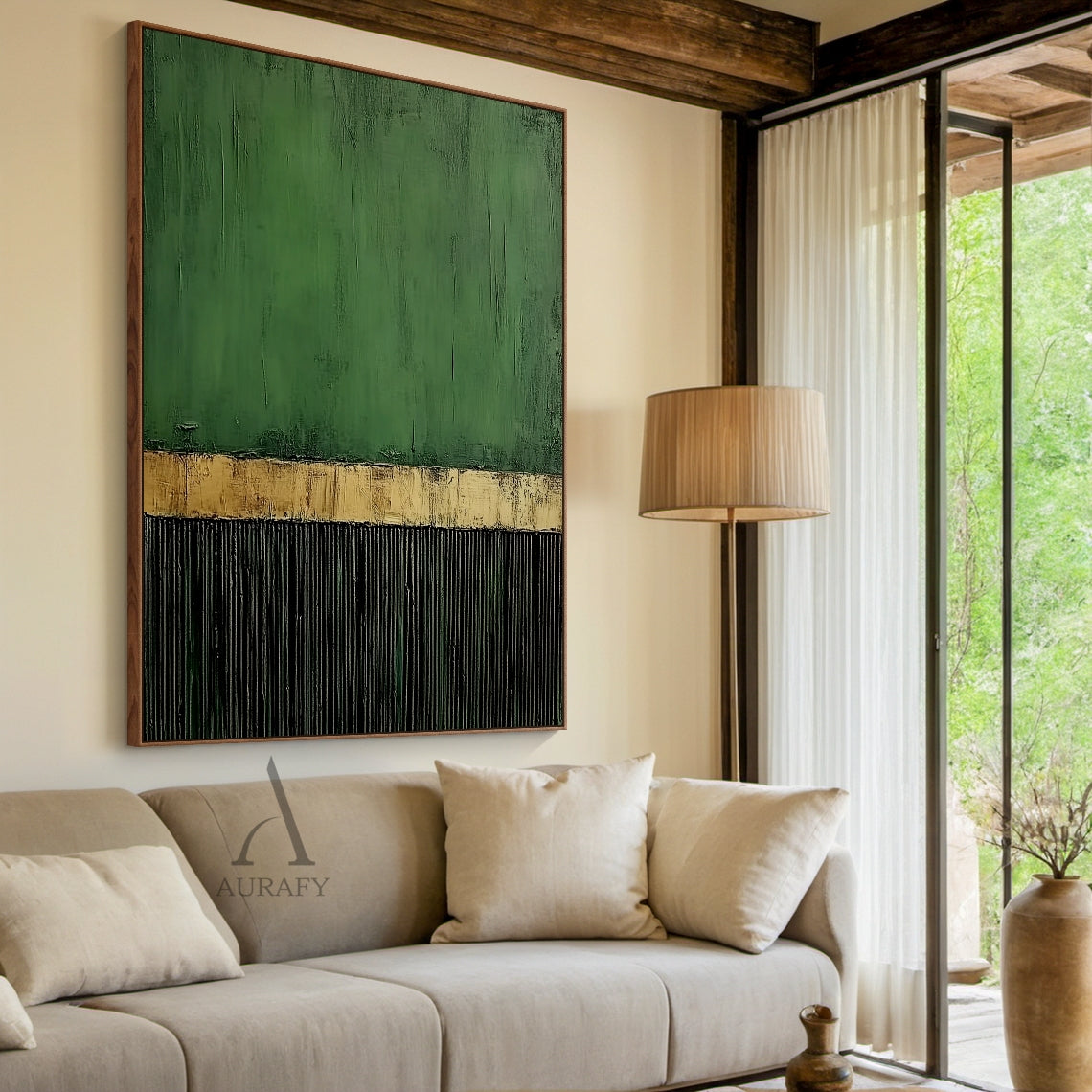 Minimalist Wall Art Green Black Textured Brush Strokes Distressed Gold Vertical Stripes Luxe Piece AURA437