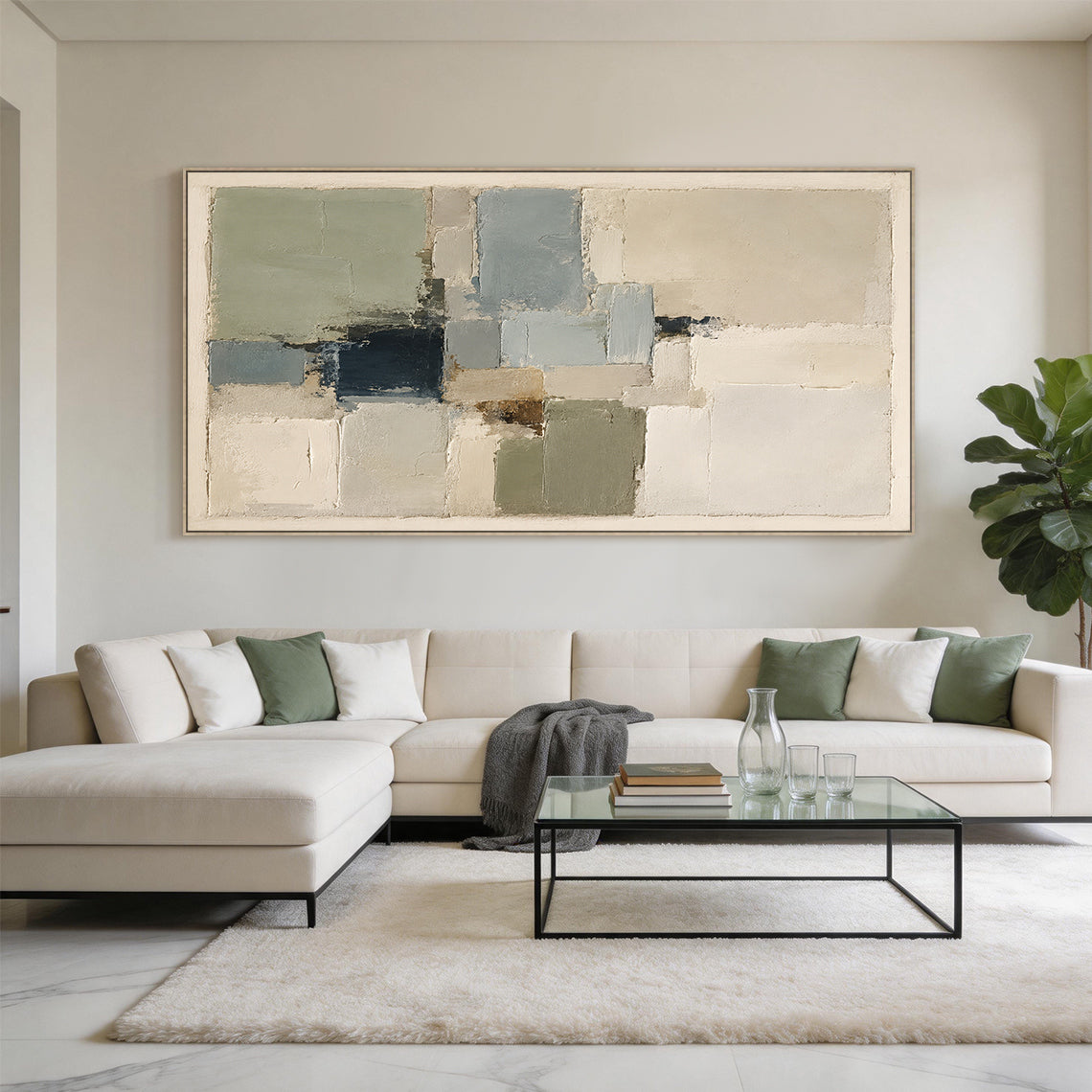 Plaster Textured Abstract Painting Japandi Beige Green Knife Painted Minimalist Luxe Wall Decor AURA752