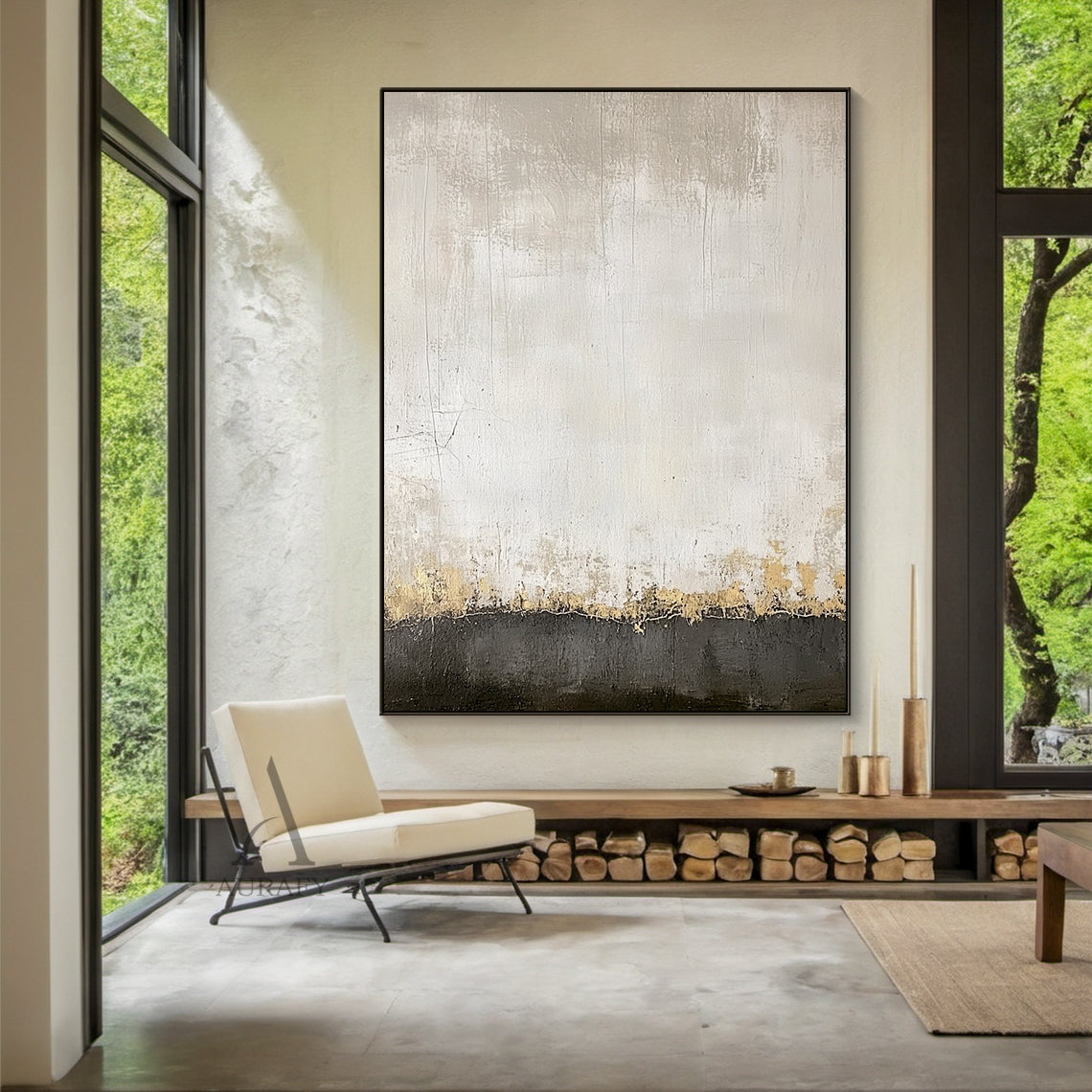 Ivory and Charcoal Abstract Horizon Wall Art - AURA694