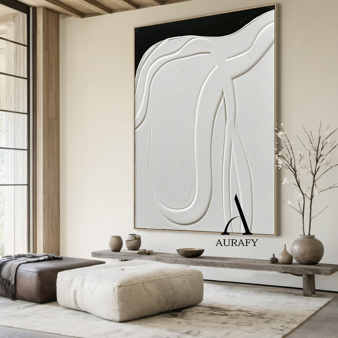 3D Textured Abstract Painting Black White High-Relief Tactile Modern Organic Luxe Artwork AURA513