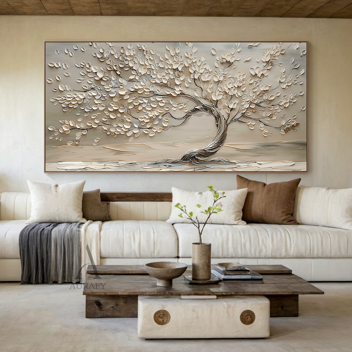 3D Textured Beige Tree Painting High-Relief Sculpted Tactile Surface Modern Organic Luxe AURA467