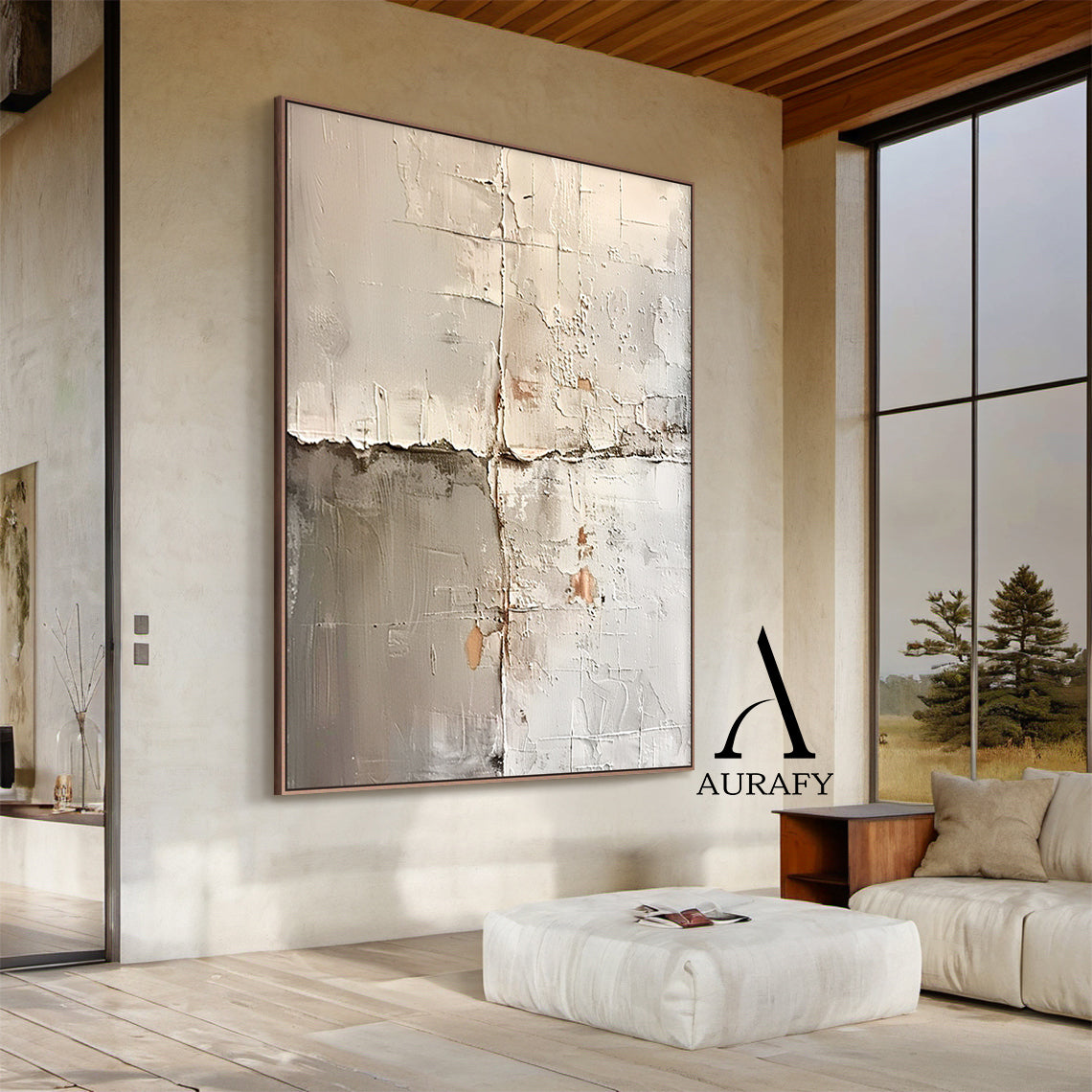 Wabi Sabi Beige Art Plaster Textured Peeling Wall Effect Handcrafted Minimalist Organic Canvas AURA563