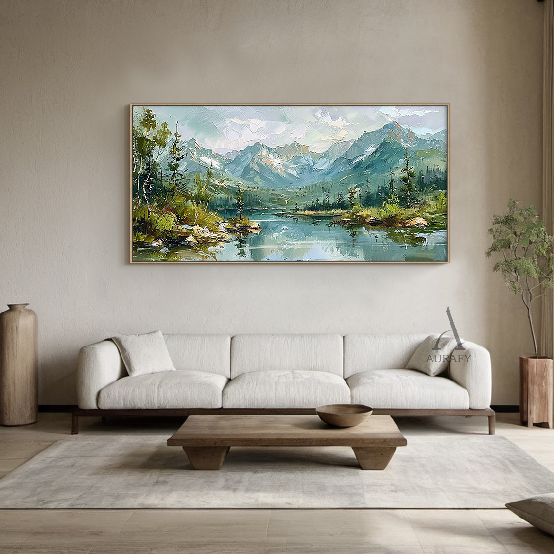 Green Landscape Oil Painting Modern Organic Visible Brushstrokes Lush Mountain Lake Art AURA421