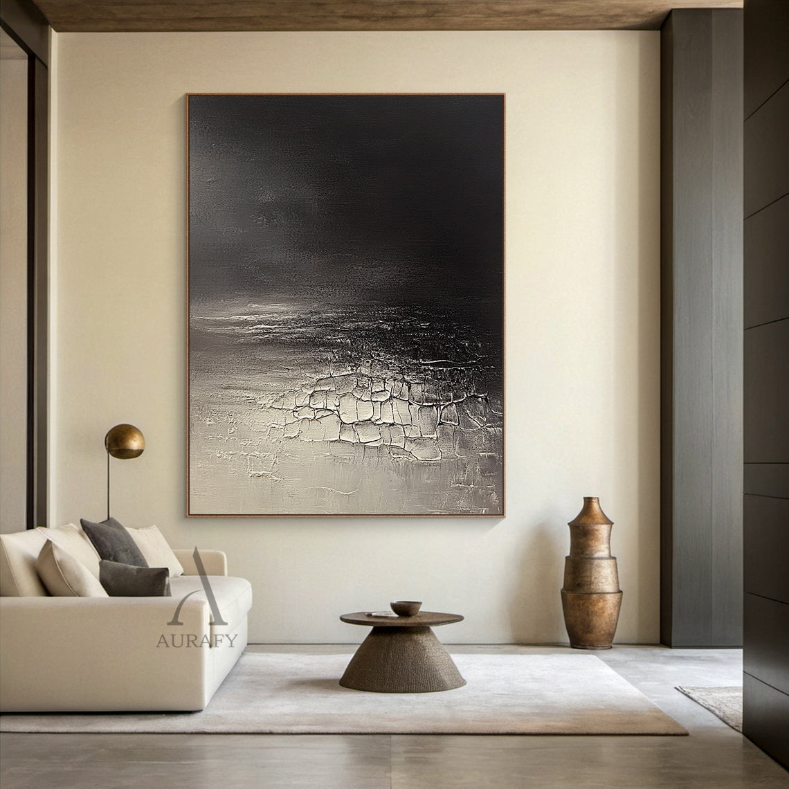 Black to Gray Abstract Painting with Pale Fractured Texture - AURA826