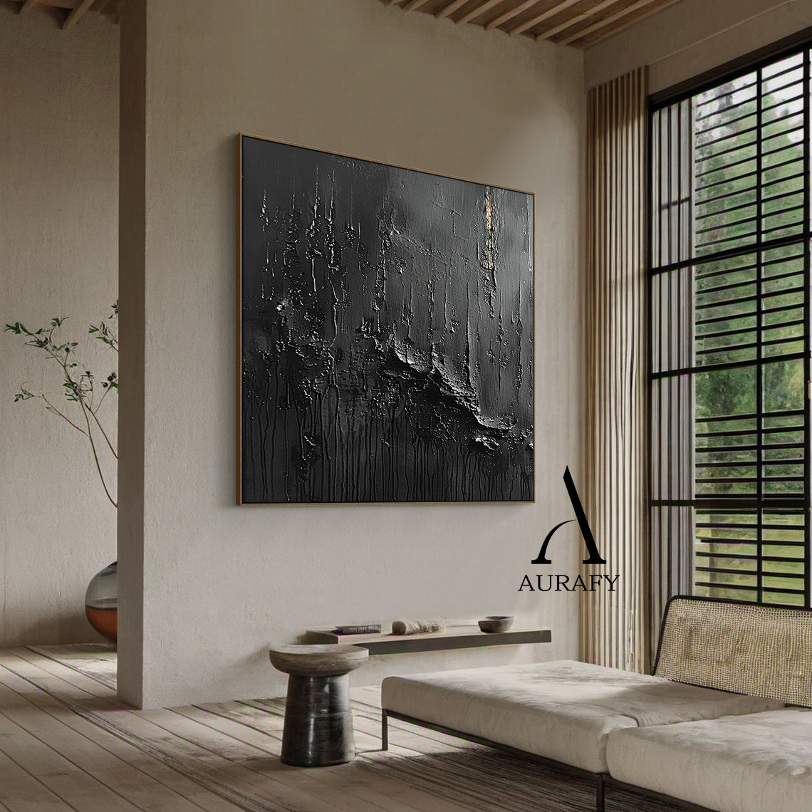 3D Textured Black Abstract Painting Tactile Surface Thick Paint Drips Scratch Marks AURA530