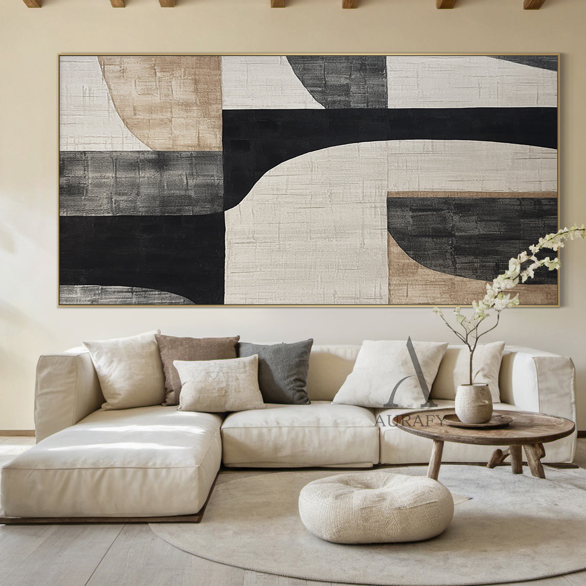 General Abstract Beige Black Subtle Tactile Canvas Texture Minimalist Luxe Wall Art AURA499