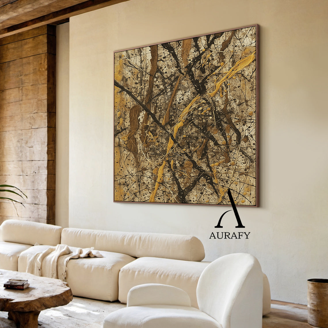 Wabi Sabi Brown Abstract Art Textured Canvas Splattered Earthy Tones Organic Branch Lines Tactile Surface AURA569