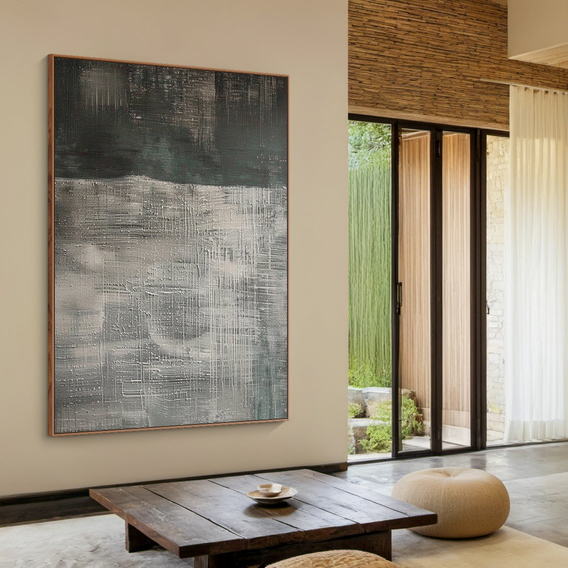 Wabi Sabi Black Gray Abstract Art Tactile Impasto Texture Interwoven Lines Irregular Scratches AURA578