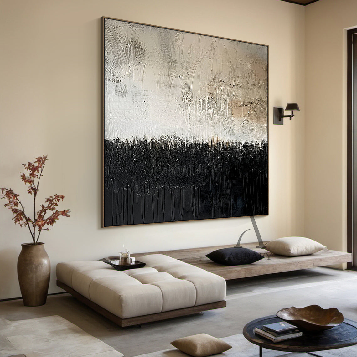 General Abstract Art White Beige Black Scratch Mottled Texture Paint Drips Modern Organic AURA482