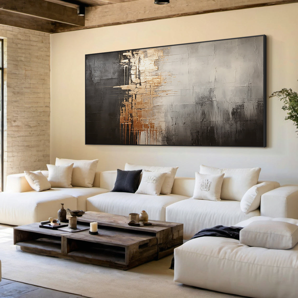 Metallic Drip Abstract Painting – Charcoal, Silver & Gold Tones – AURA030(Horizontal)