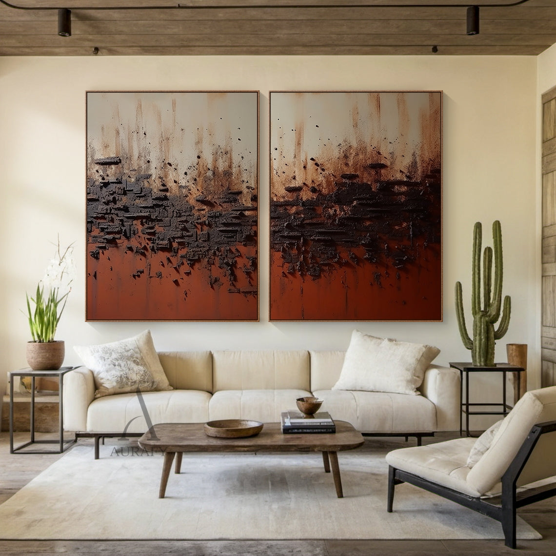 Wabi Sabi Plaster Textured Red Brown Two Piece Sculpted Canvas Painting Minimalist Luxe Wall Art AURA794