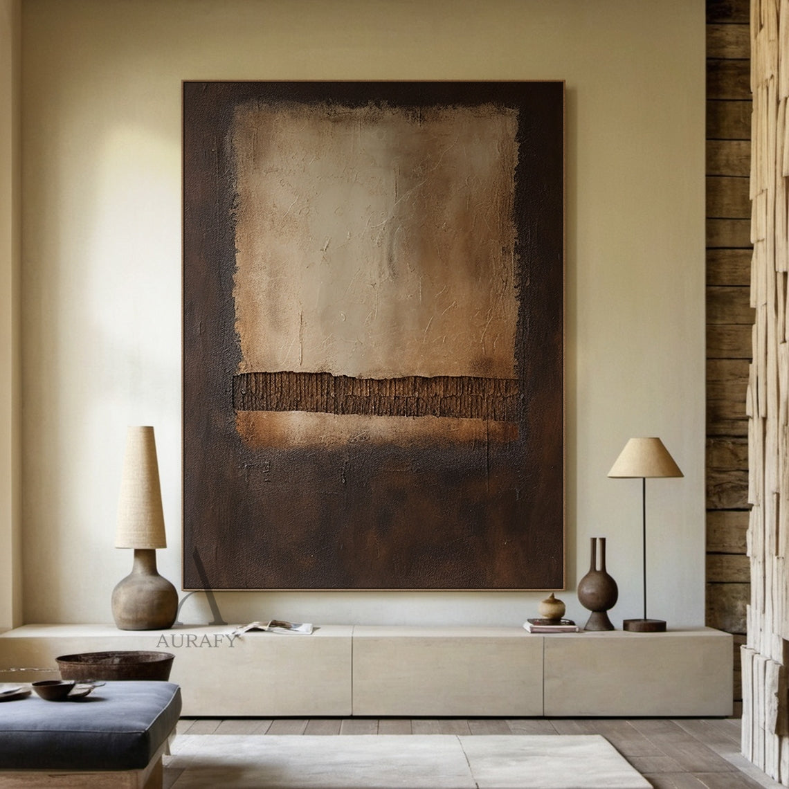 Brown Abstract Painting with a Pale Panel and Ribbed Band - AURA833