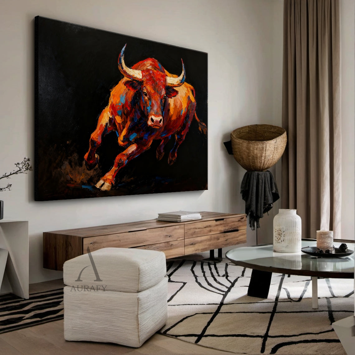 Running Bull Wall Art on Black Background - AURA659