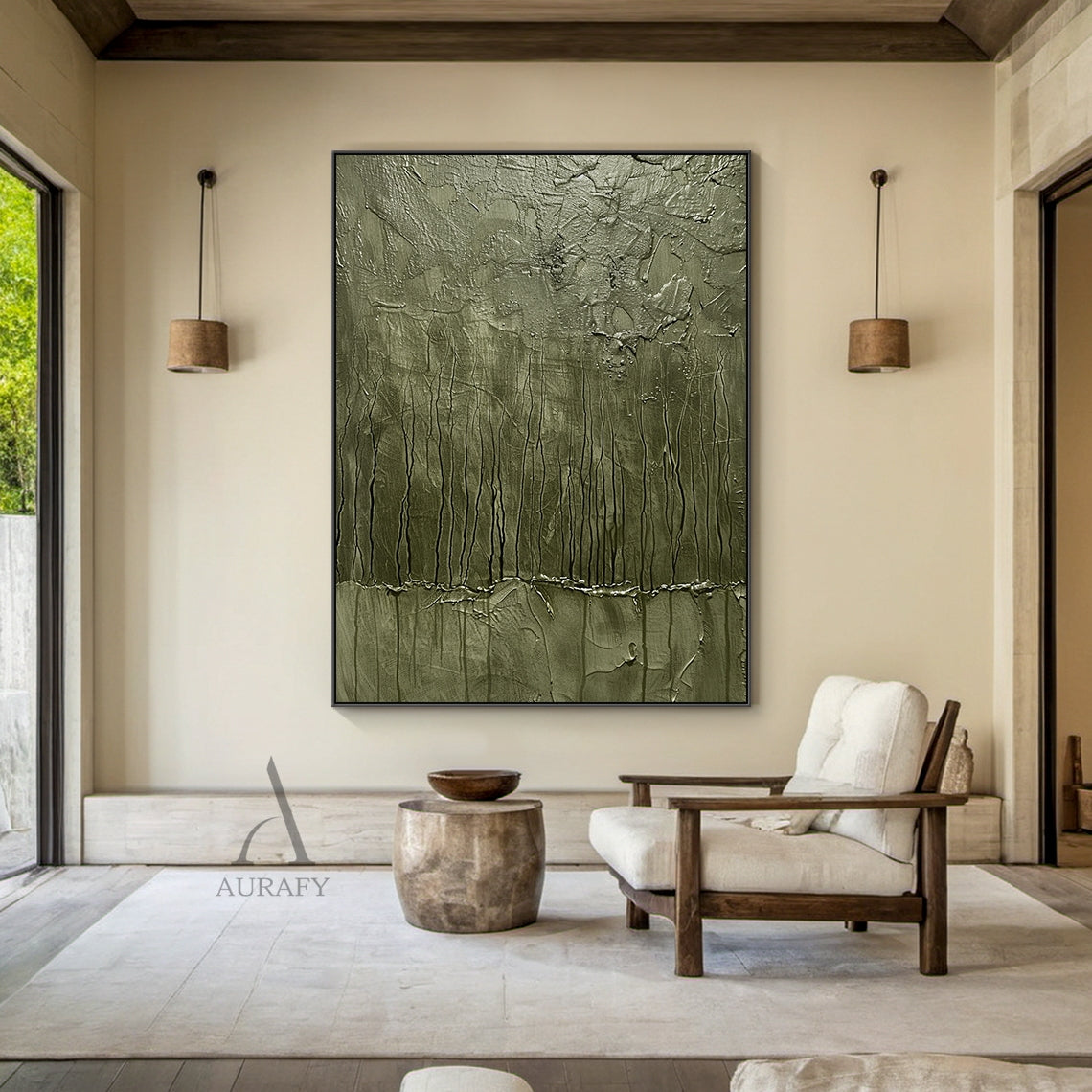 Green Abstract Art Thick Impasto Tactile Surface Vertical Drip Lines Sculpted Wall Art AURA461