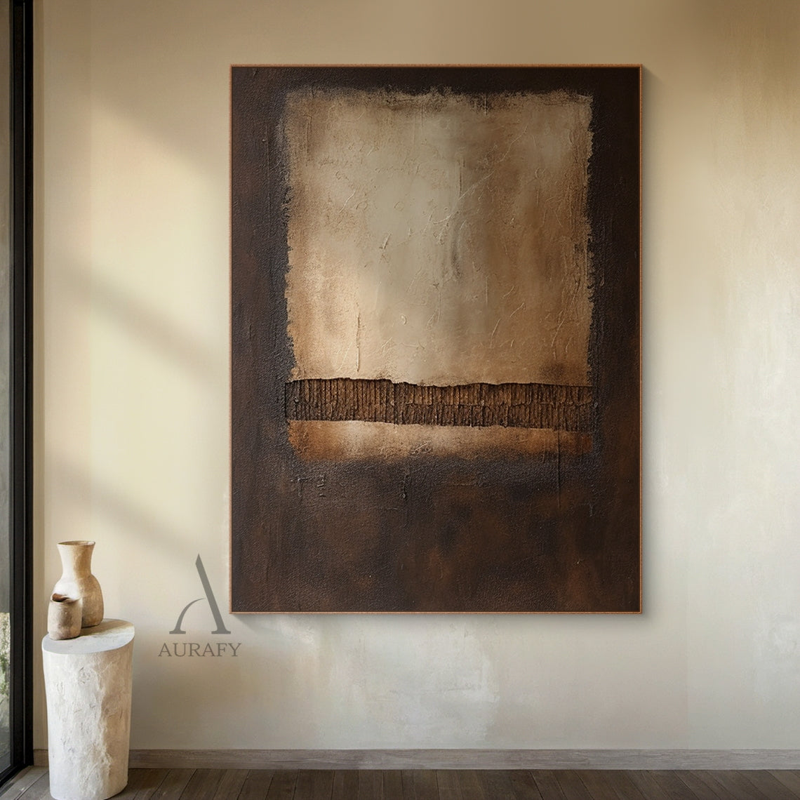Brown Abstract Painting with a Pale Panel and Ribbed Band - AURA833