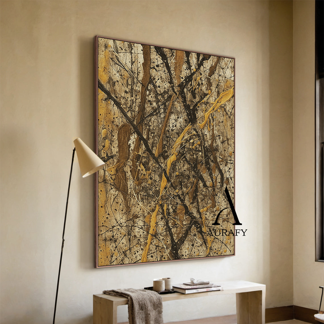 Wabi Sabi Brown Abstract Art Textured Canvas Splattered Earthy Tones Organic Branch Lines Tactile Surface AURA569