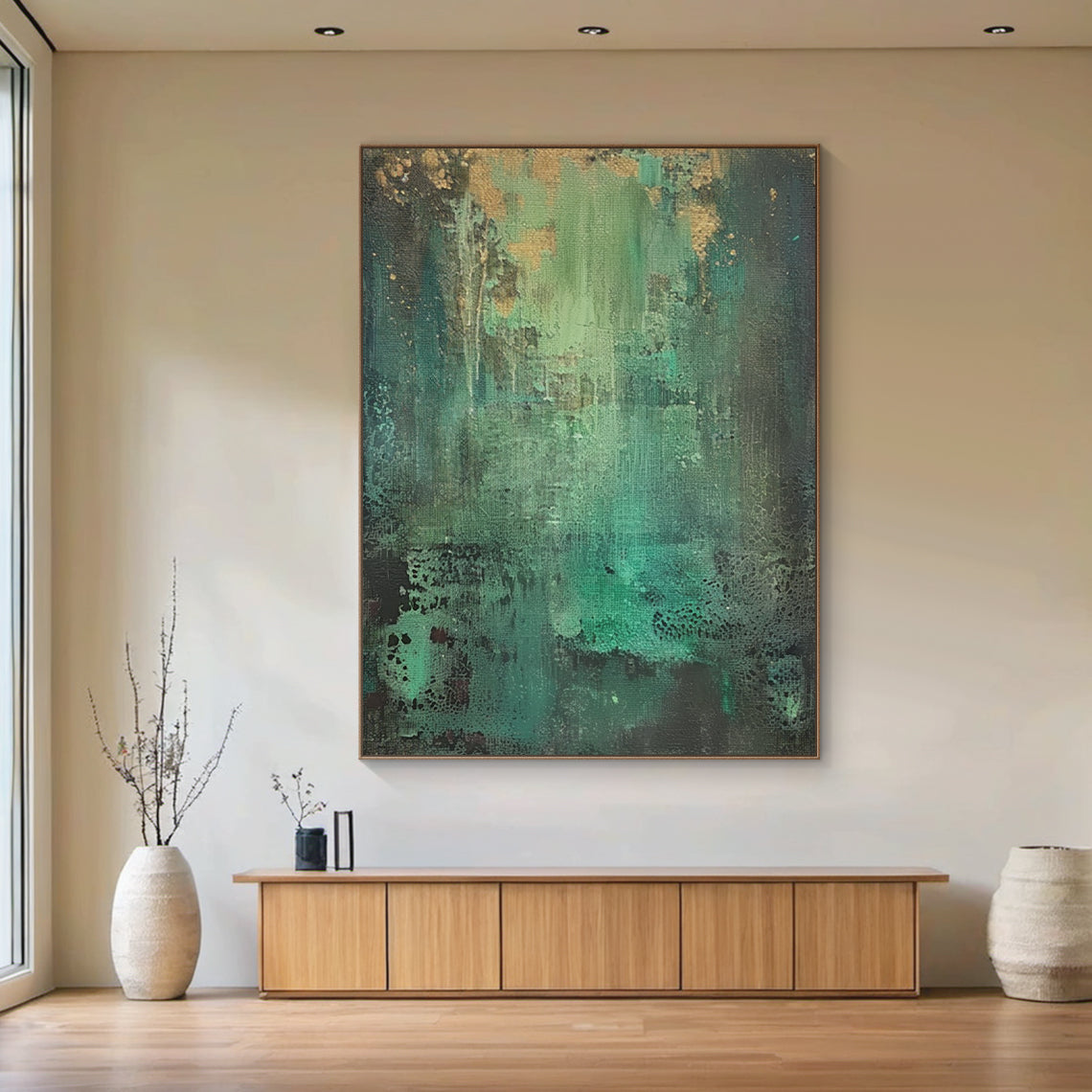 Textural Abstract Wall Art – Emerald Green & Gold Patina – AURA038(Vertical)