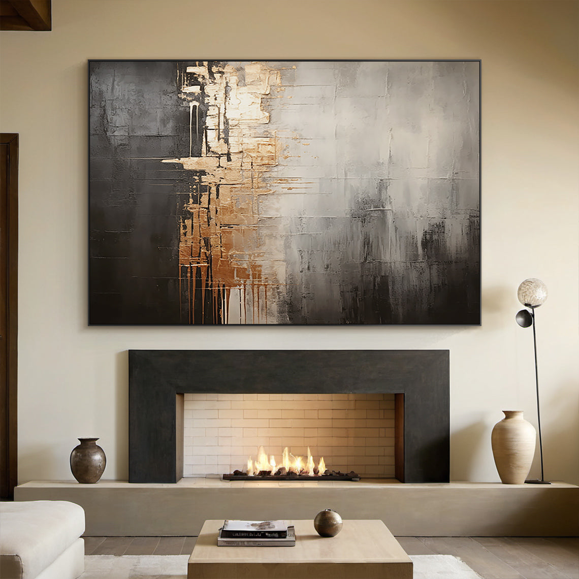 Metallic Drip Abstract Painting – Charcoal, Silver & Gold Tones – AURA030(Horizontal)
