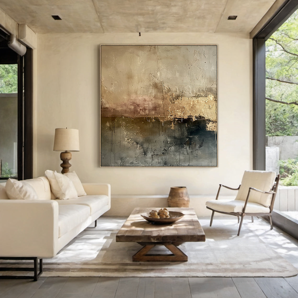 Ash Horizon-Black & Warm Beige Abstract Wall Art, Spatial Field-AURA083