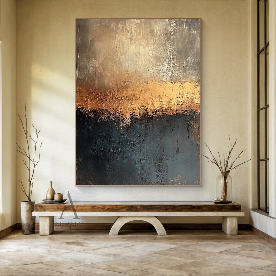 Brown and Deep Blue Abstract Painting with an Amber Color Break - AURA853