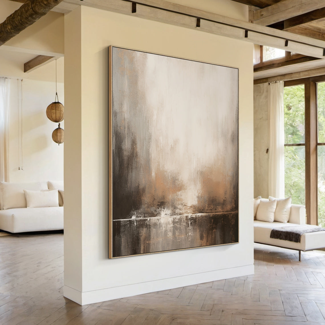 Wabi-Sabi Horizon Abstraction – Sandstone Umber & Mist Grey painting – AURA018(Vertical)