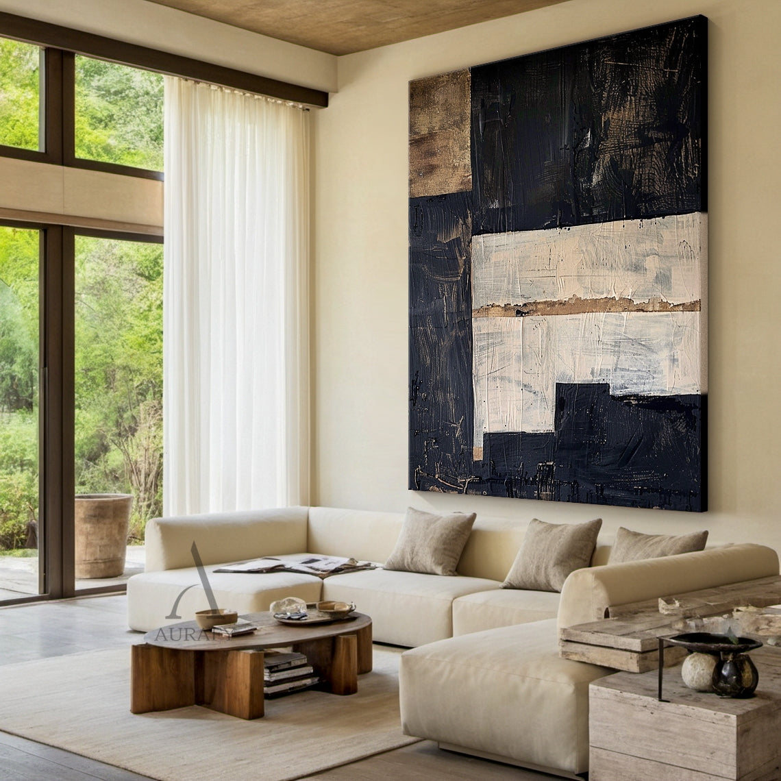 Black and Beige Abstract Wall Art with Stepped Geometric Forms - AURA836
