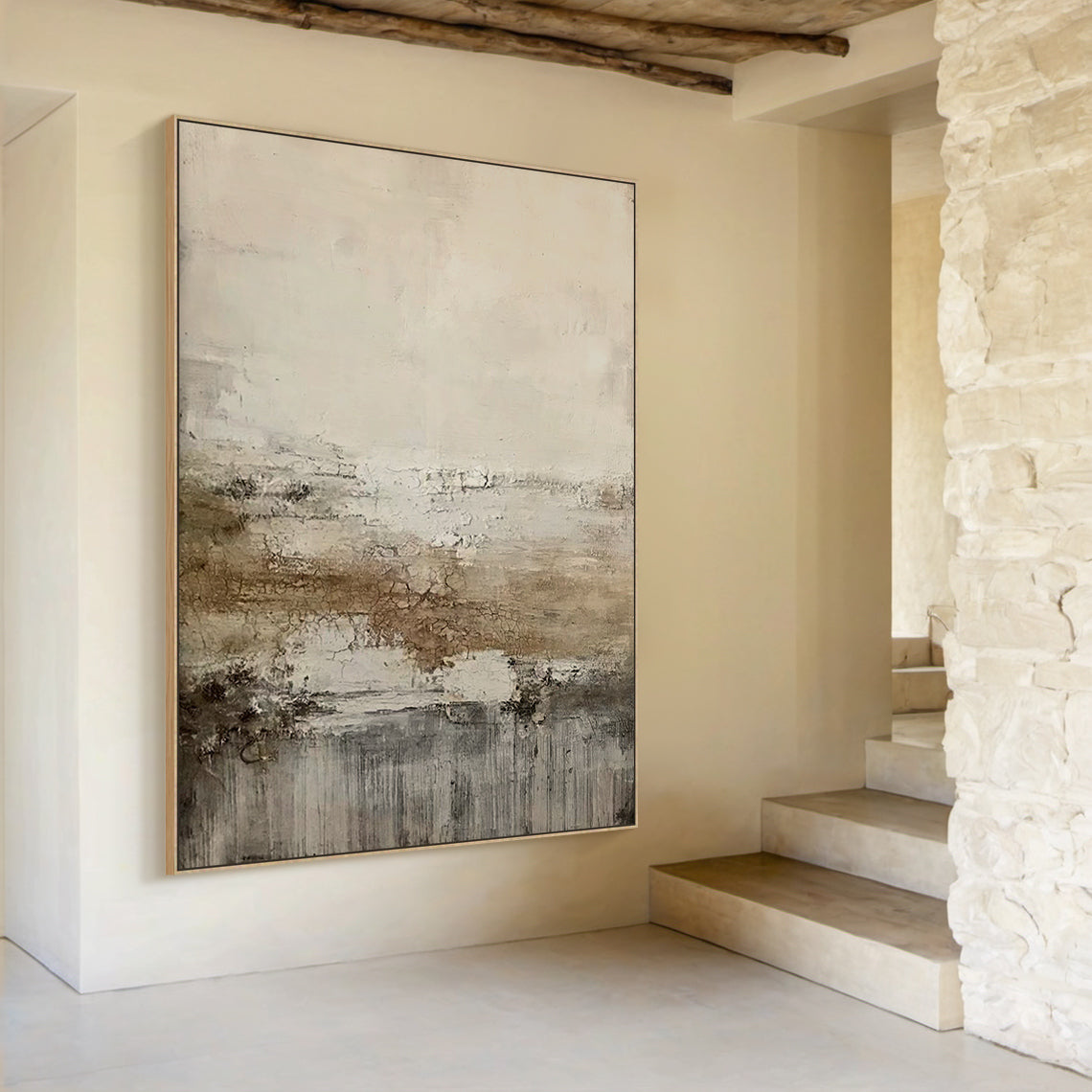 Weathered Horizon Wall Art – Cream & Smoky Taupe Tones – AURA015(Horizontal)