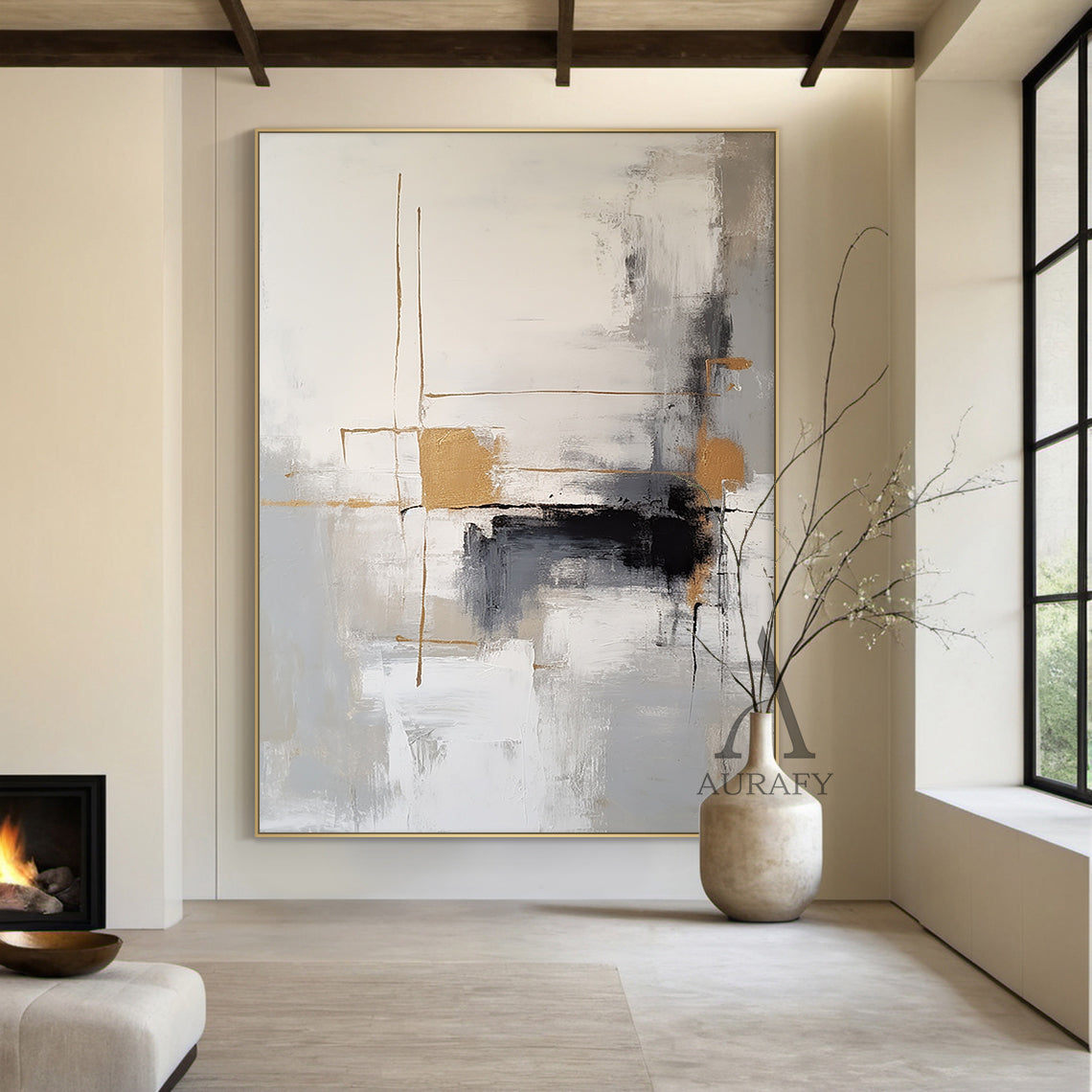 Modern Abstract Gray White Tactile Brushstroke Gold Accent Minimalist Luxe Wall Art AURA493