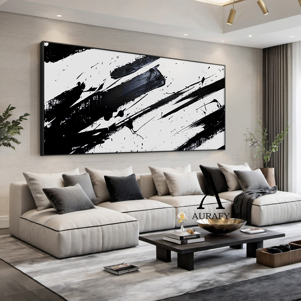 Minimalist Wall Art Black White Abstract Brushstroke Ink Splatter Dynamic Tactile Art AURA551