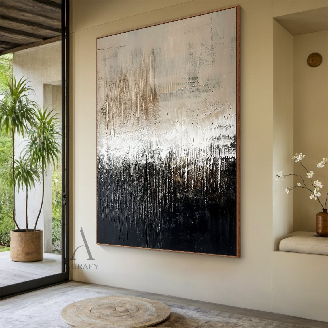 Japandi Knife Textured Abstract Beige Black Minimalist Luxe Plaster Canvas Wall Art AURA800