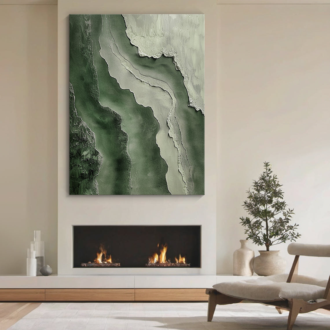 Abstract Textural Wall Art – Forest Green & Stone Layers – AURA041(Vertical)