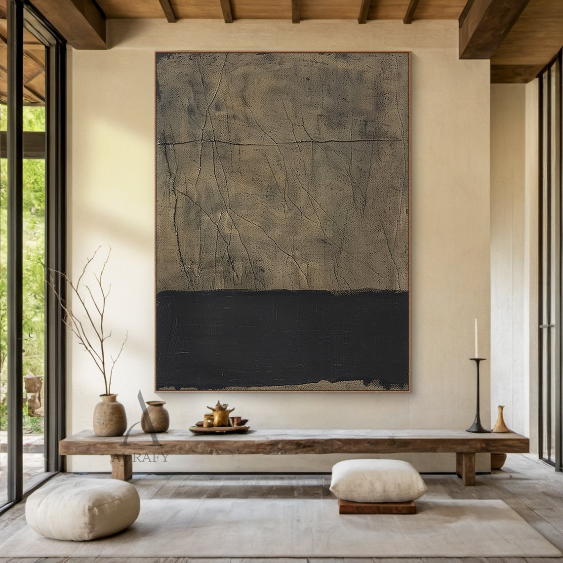 Beige & Black Cracked Plaster Abstract Wall Art | Wabi Sabi Japandi Minimalist Canvas | AURA807